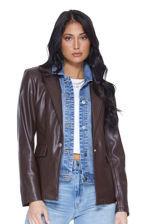 Blue Revival Helen Blazer Unreal Leather With Removable Denim Insert In Chocolate In Burgundy