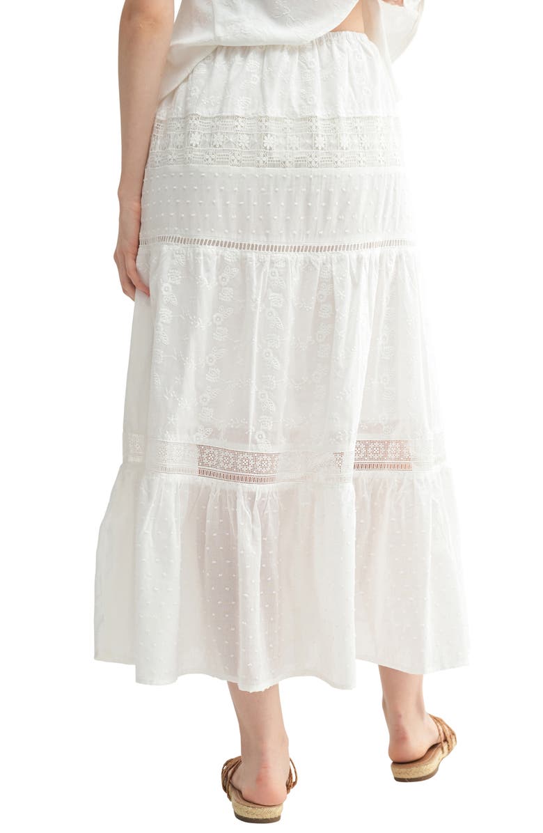All in Favor Lace Inset Embroidered Tiered Cotton Midi Skirt, Alternate, color,