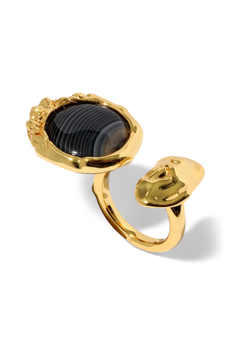 Brut Banded Agate Coin Open Ring, Main, color, BLACK/ GOLD