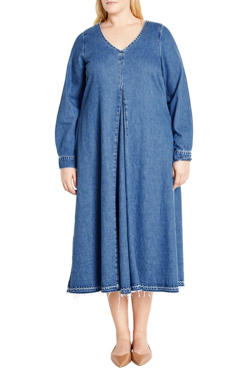 City Chic Ivy Long Sleeve Denim Midi Dress, Main, color, 