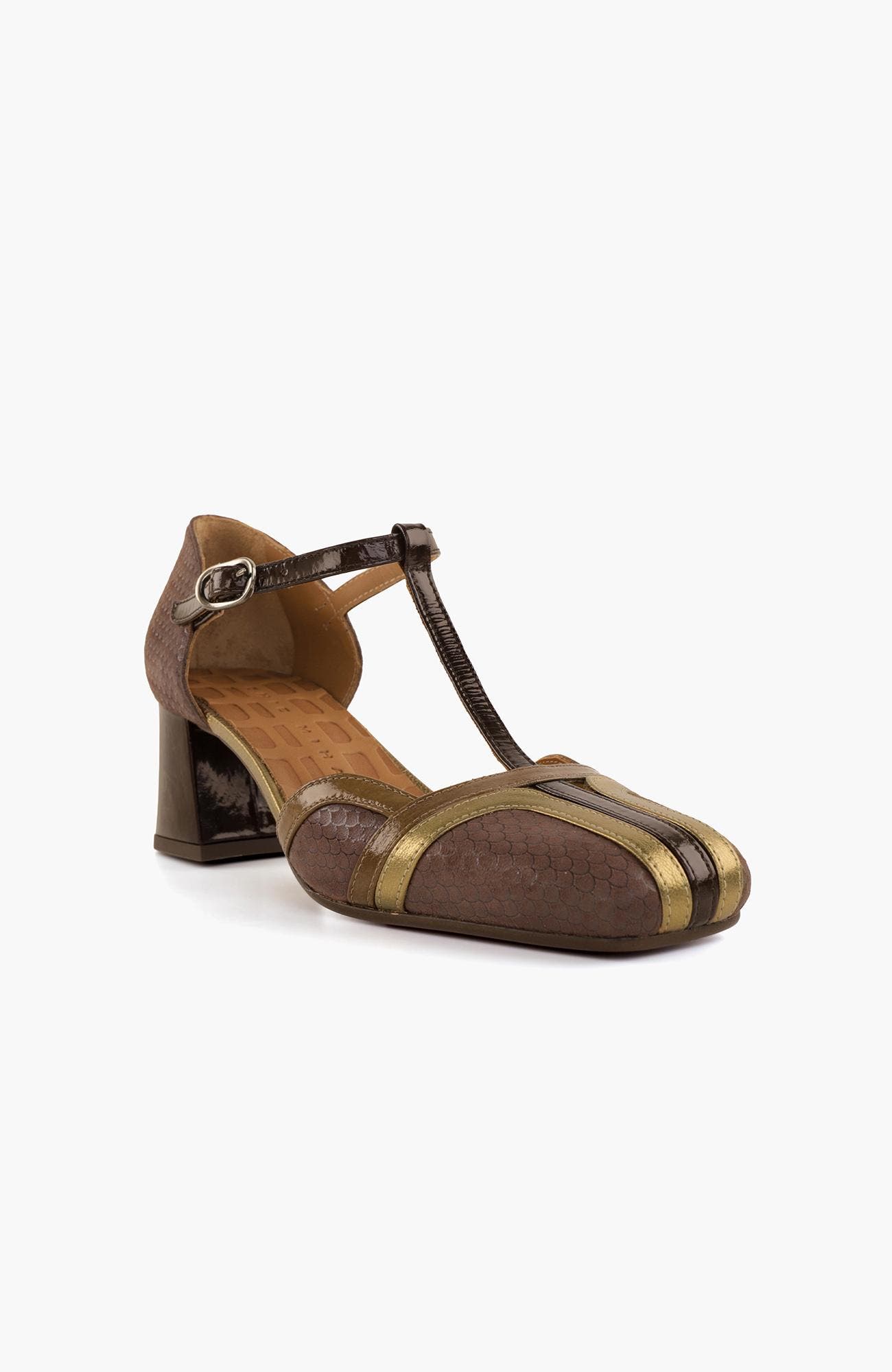 Metallic patent leather buckle pump, Alternate, color, Brown