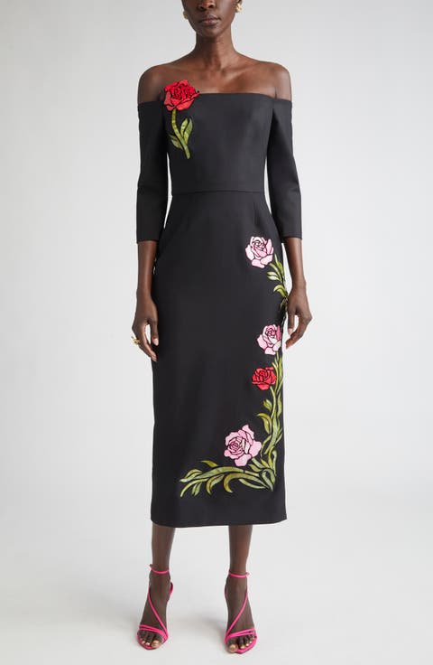 Mosaic Rose Embroidered Off the Shoulder Midi Dress