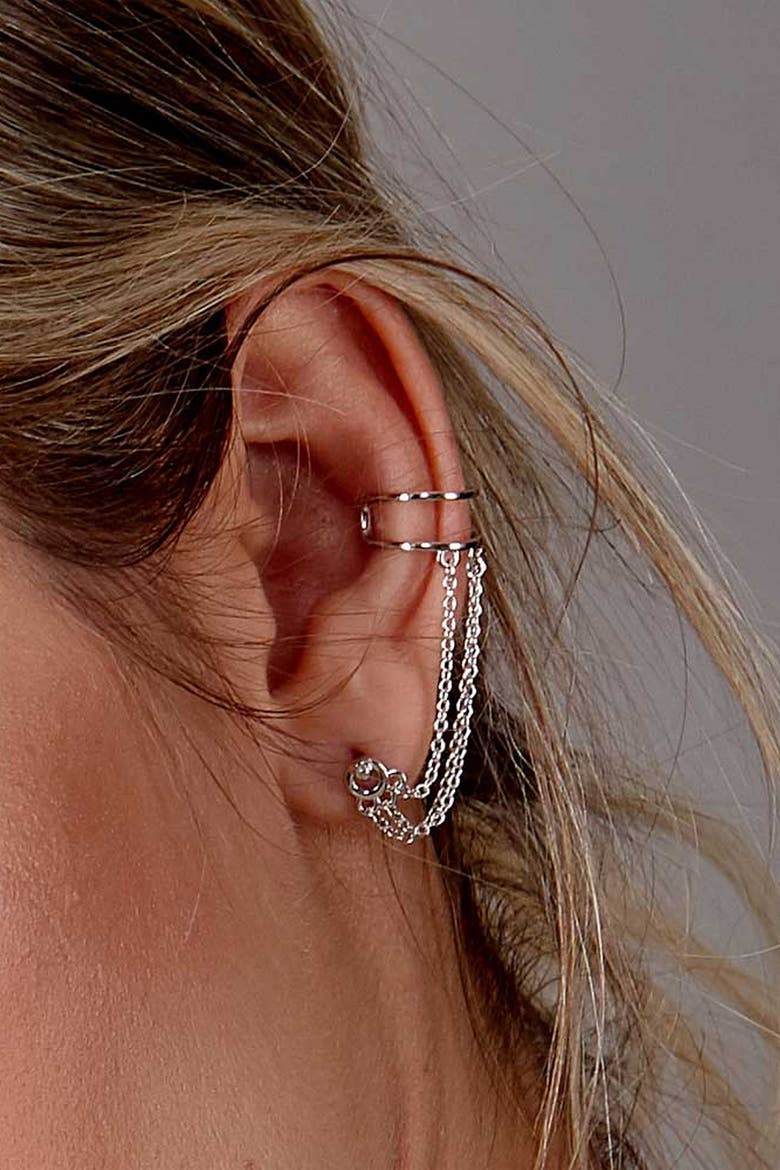 Art Deco Cuff And Stud With Chain, Alternate, color, Sterling Silver
