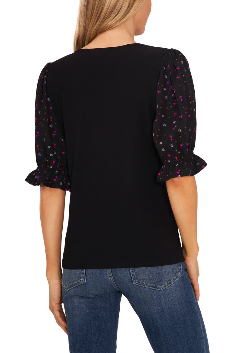 Mixed Media Puff Sleeve Top, Alternate, color, RICH BLACK