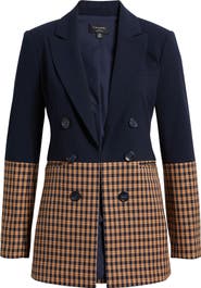 Tahari ASL Check Denim Double Breasted Jacket