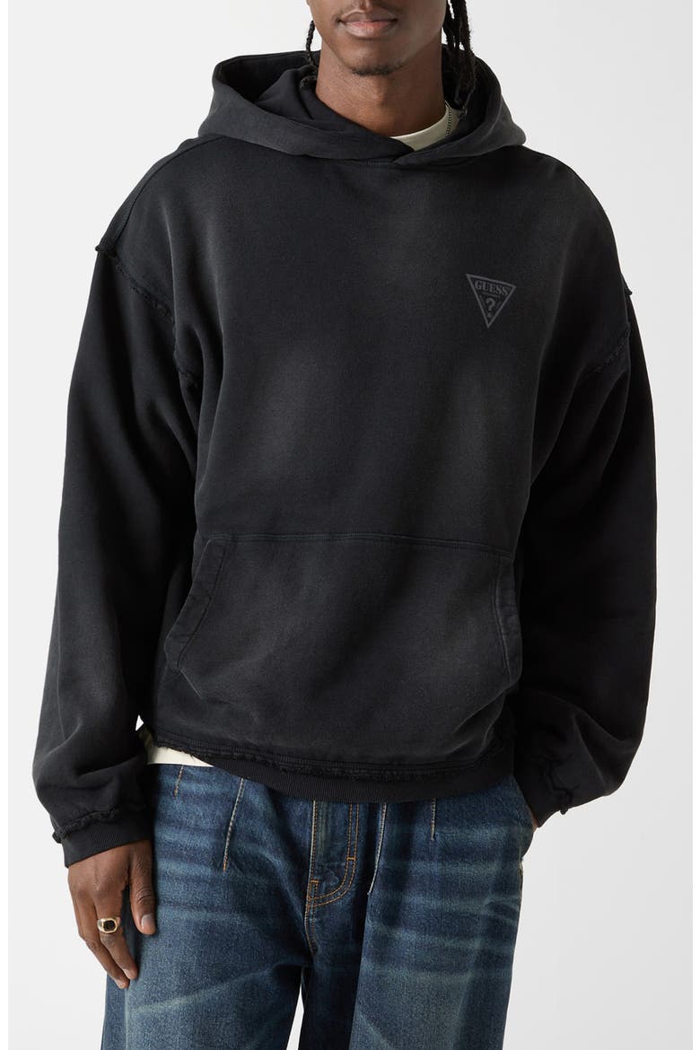 Logo Frayed Boxy Cotton Hoodie, Main, color, BLACK