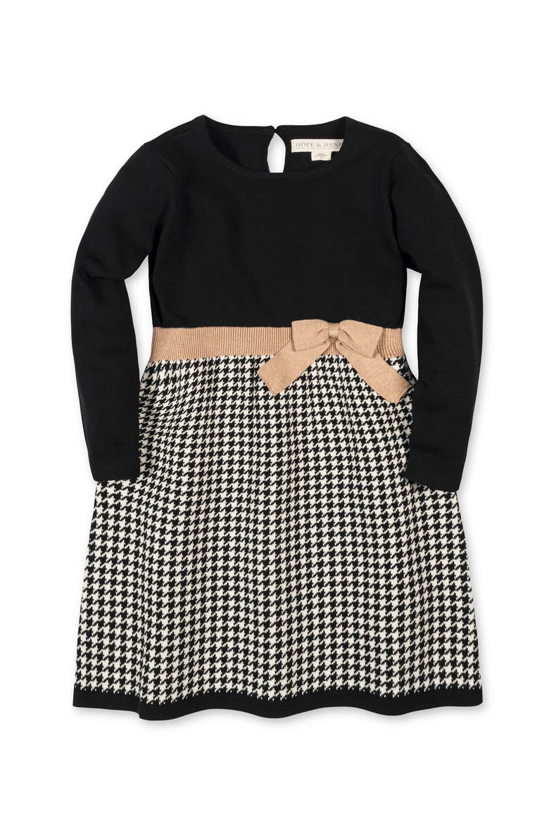 Kids' Organic Long Sleeve Skater Sweater Dress with Bow, Main, color, Black Houndstooth