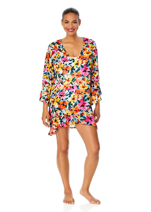 Anne Cole Gradient Floral Flounce V Neck Tunic Swimsuit Cover Up In Gradient Floral