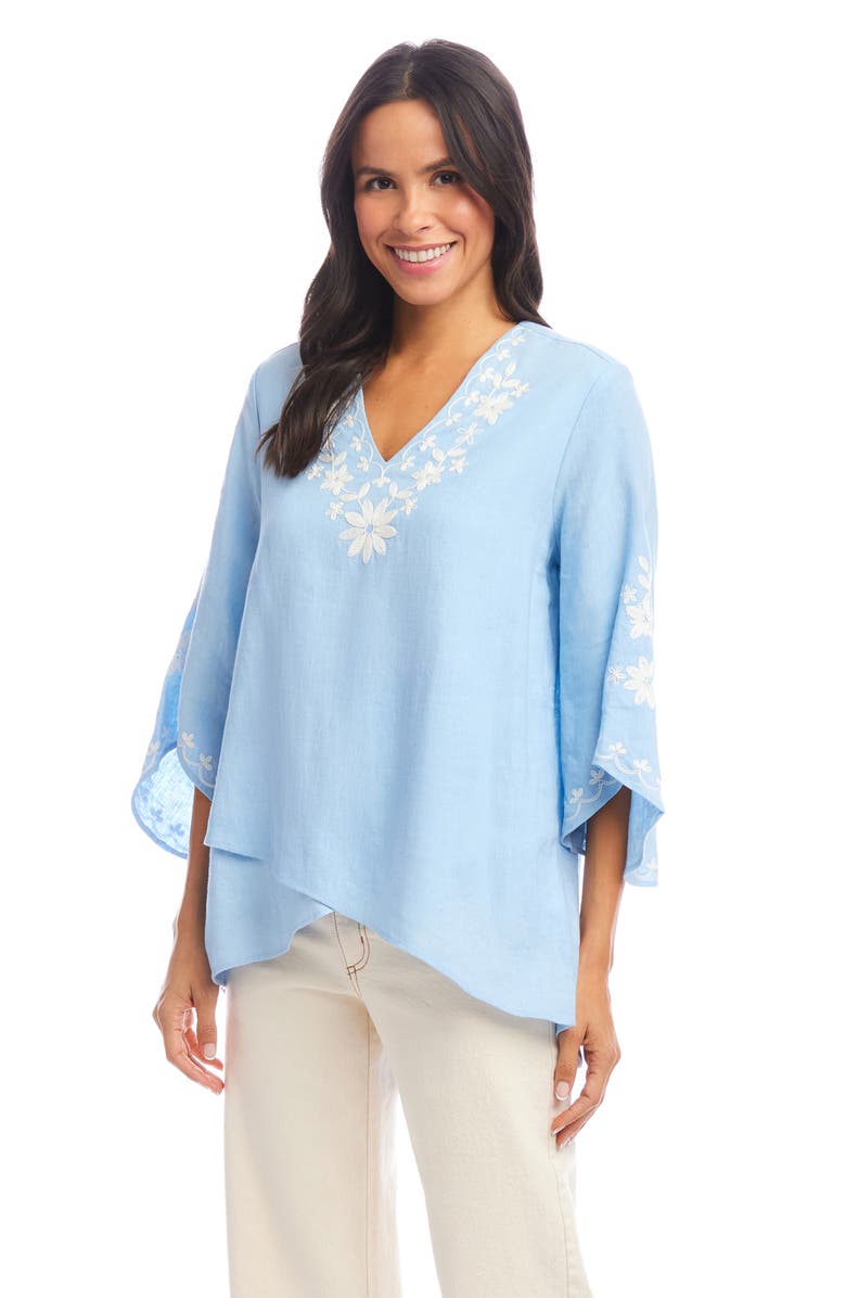 Karen Kane Floral Embroidered Asymmetric Hem Linen Blend Top, Alternate, color, Lake