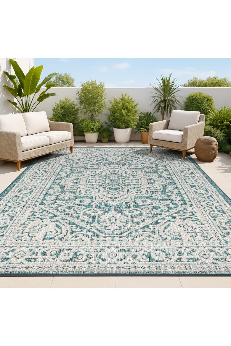 Sinjuri Medallion Textured Weave Indoor/Outdoor Area Rug, Alternate, color, Teal Blue/Gray