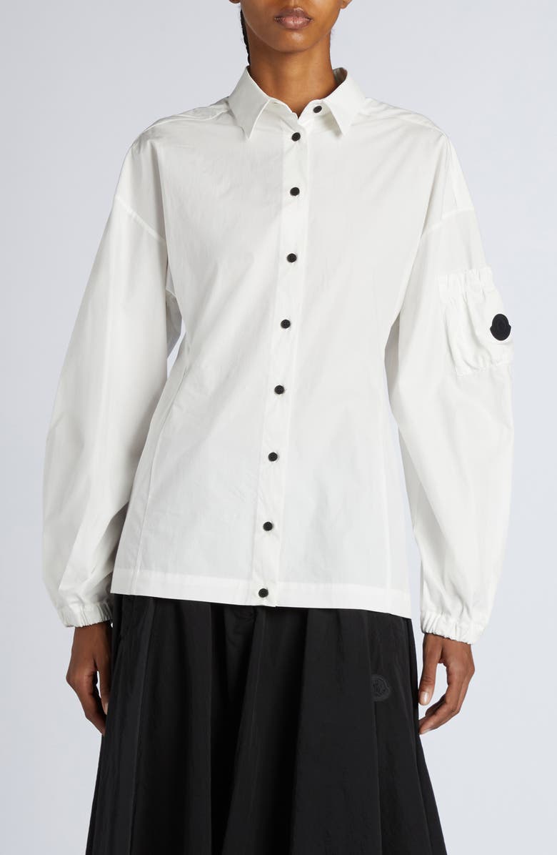 Moncler Logo Balloon Sleeve Cotton Button-Up Shirt, Main, color, Bright White