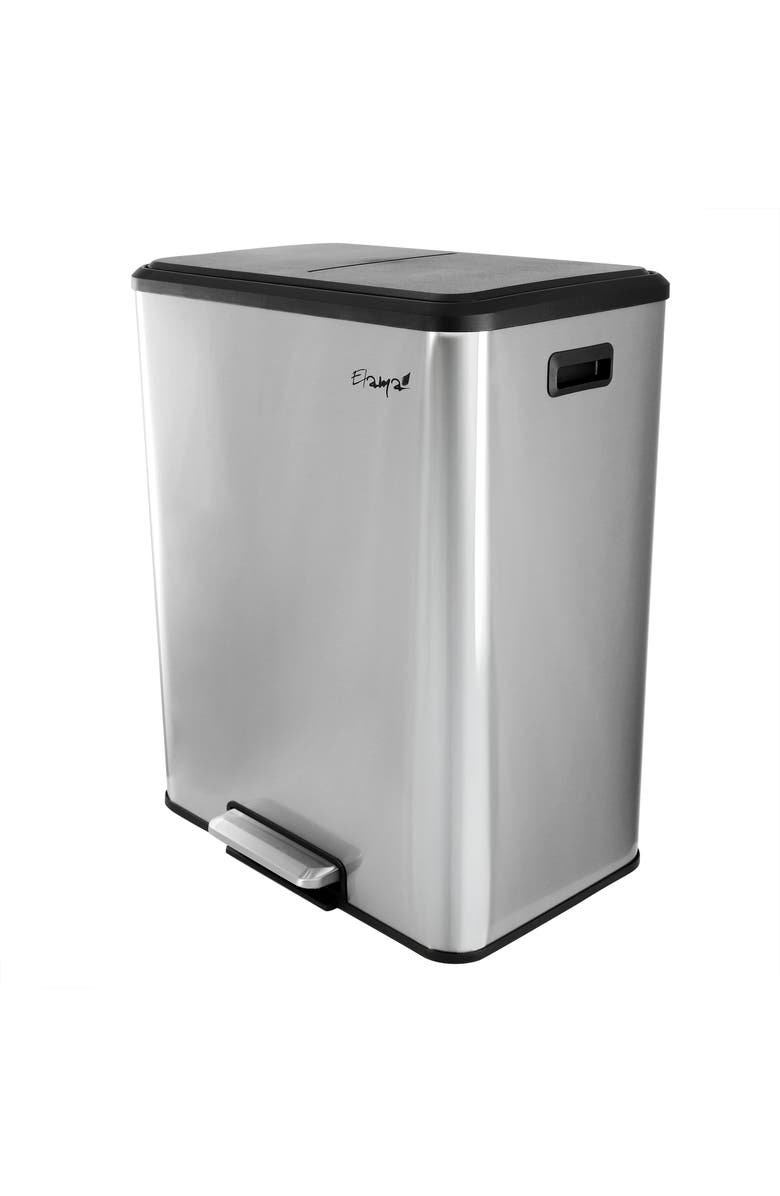 Elama 60 Liter 2 Compartment Large 8 Gallon Split Stainless Steel Step Trash Bin with Slow Close Mechanism, Alternate, color, Silver