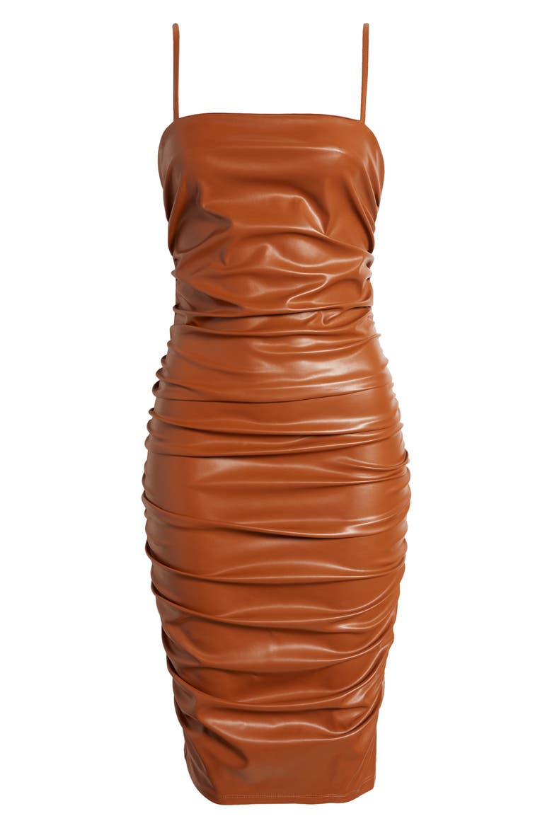 Ruched Faux Leather Dress, Alternate, color, BROWN