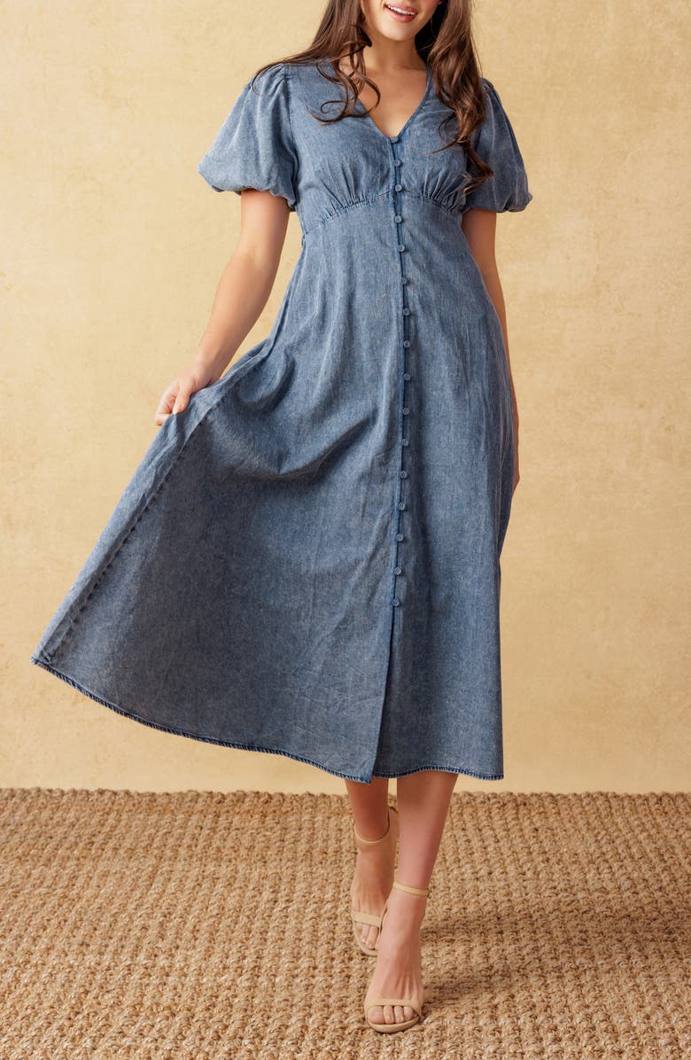 FLYING TOMATO Acid Wash Denim Midi Dress, Alternate, color, 