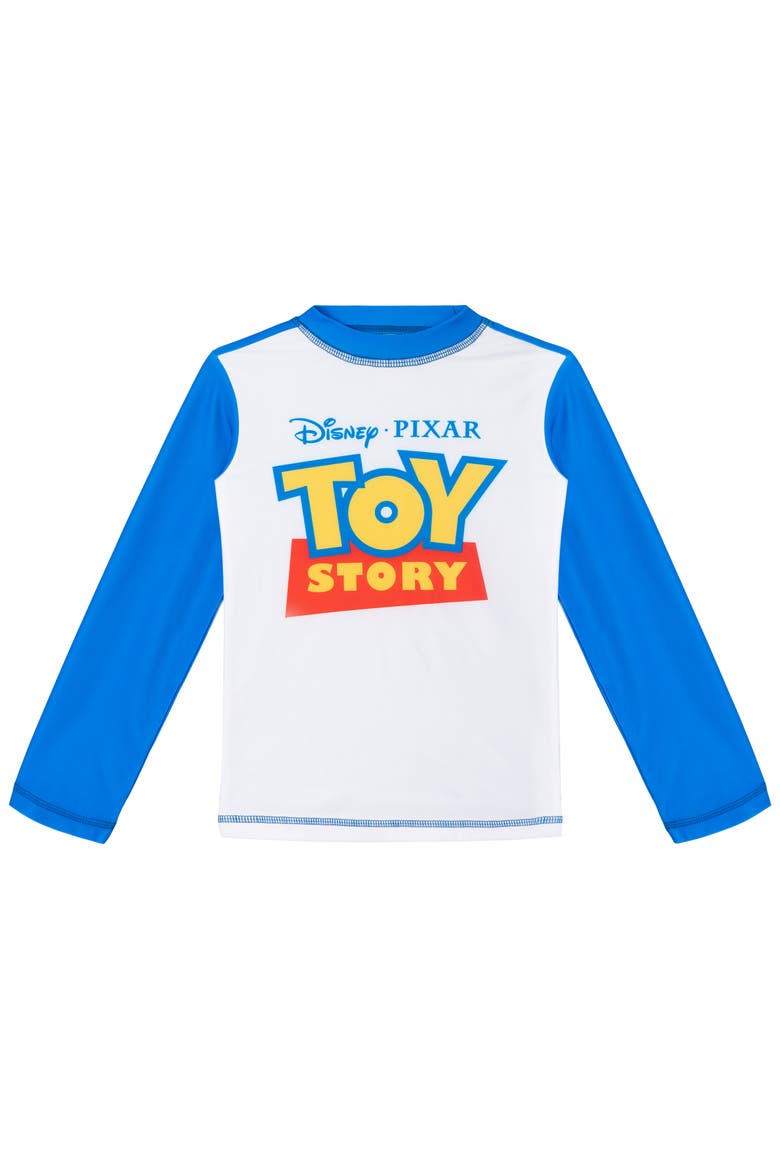 Toy Story Swimwear 2-Piece Rash Guard and Swim Trunks Set, Alternate, color, Toy Story Blue Stripe