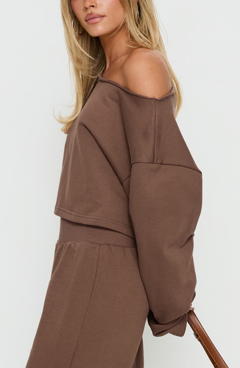 Princess Polly Retreat Raw Edge One-Shoulder Sweatshirt, Alternate, color, Cocoa