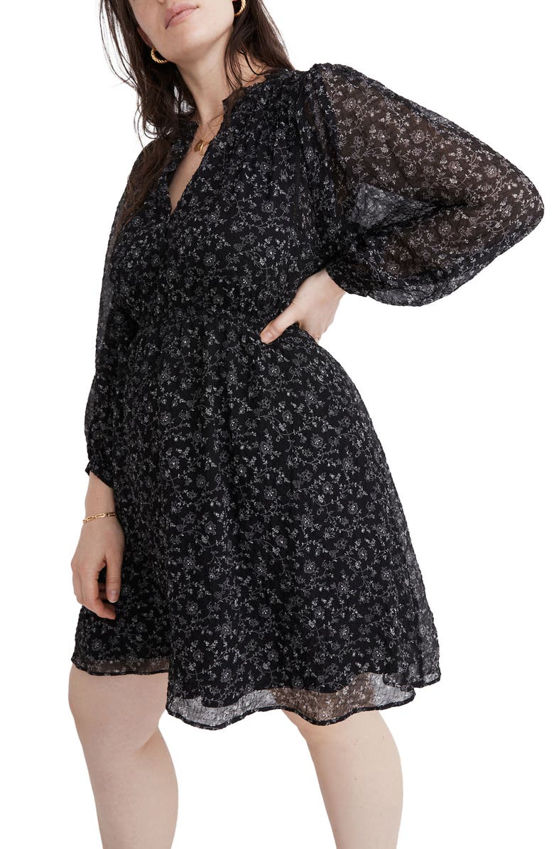 Madewell Dotted Vines Ruffle Neck Button Front Minidress, Alternate, color, 