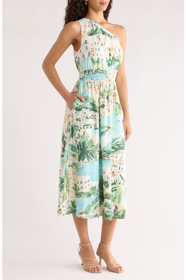 Piti Town Islay Smocked One-Shoulder Midi Dress, Alternate, color, AQUA-MULTI