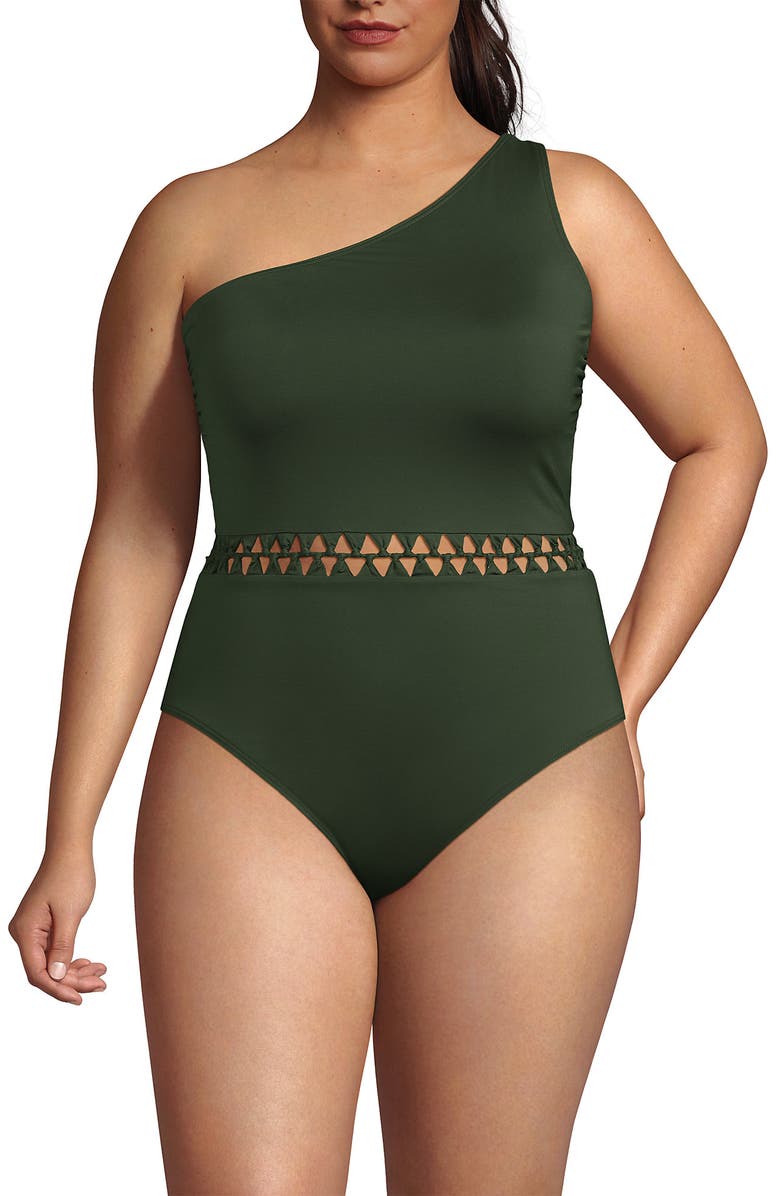 Lands' End Macrame One Shoulder High Leg One Piece Swimsuit, Alternate, color, Rich Olive Green