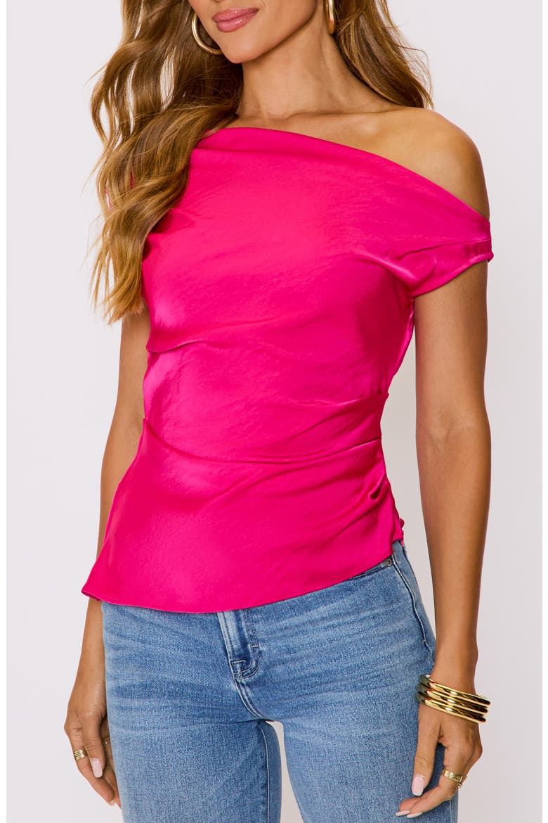 Date Night One-Shoulder Ruched Satin Top, Alternate, color, FUCHSIA