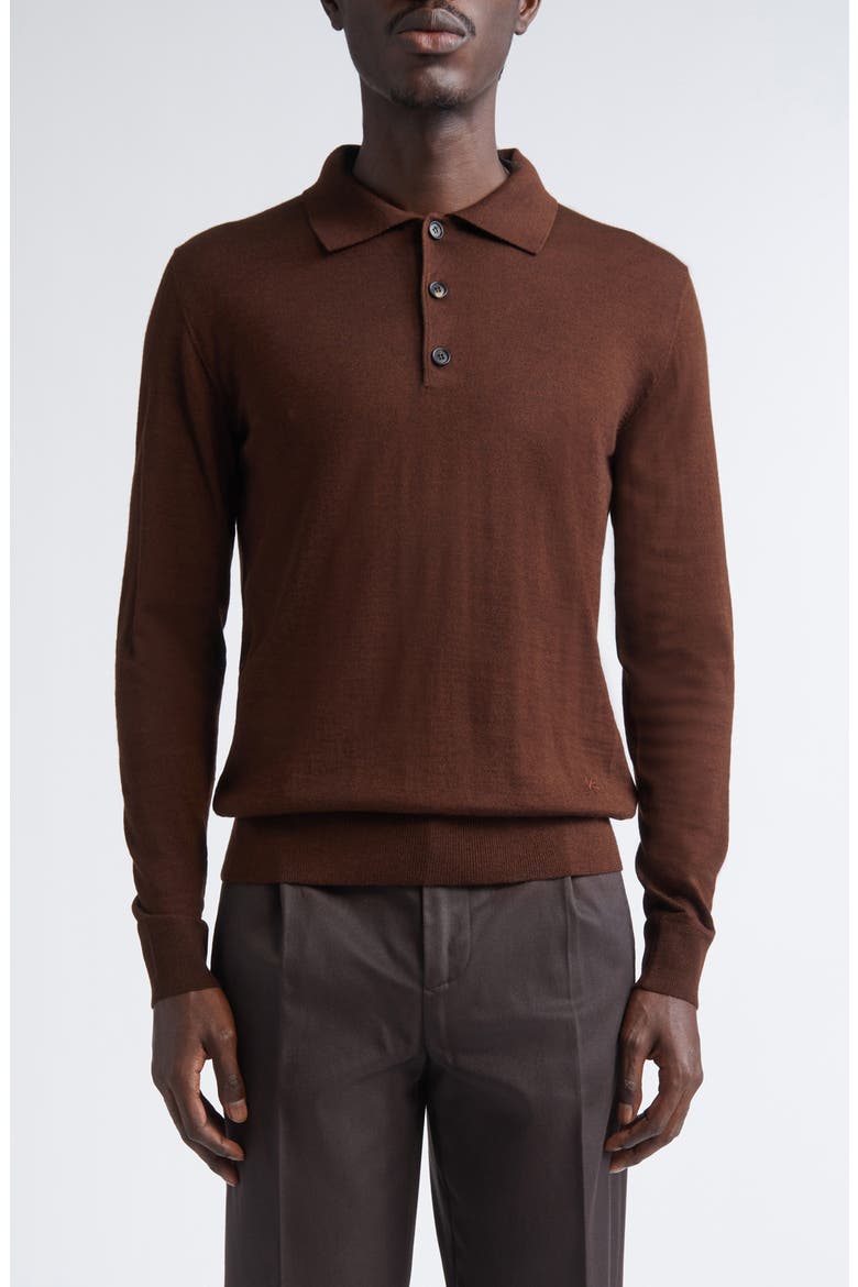 Long Sleeve Wool, Silk & Cashmere Polo Sweater, Main, color, BROWN