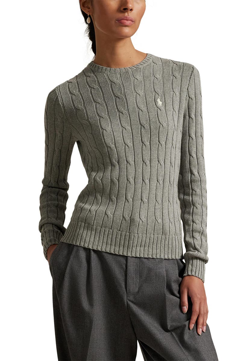 Polo Ralph Lauren Cable Cotton Crewneck Sweater, Main, color, Fawn Grey Heather