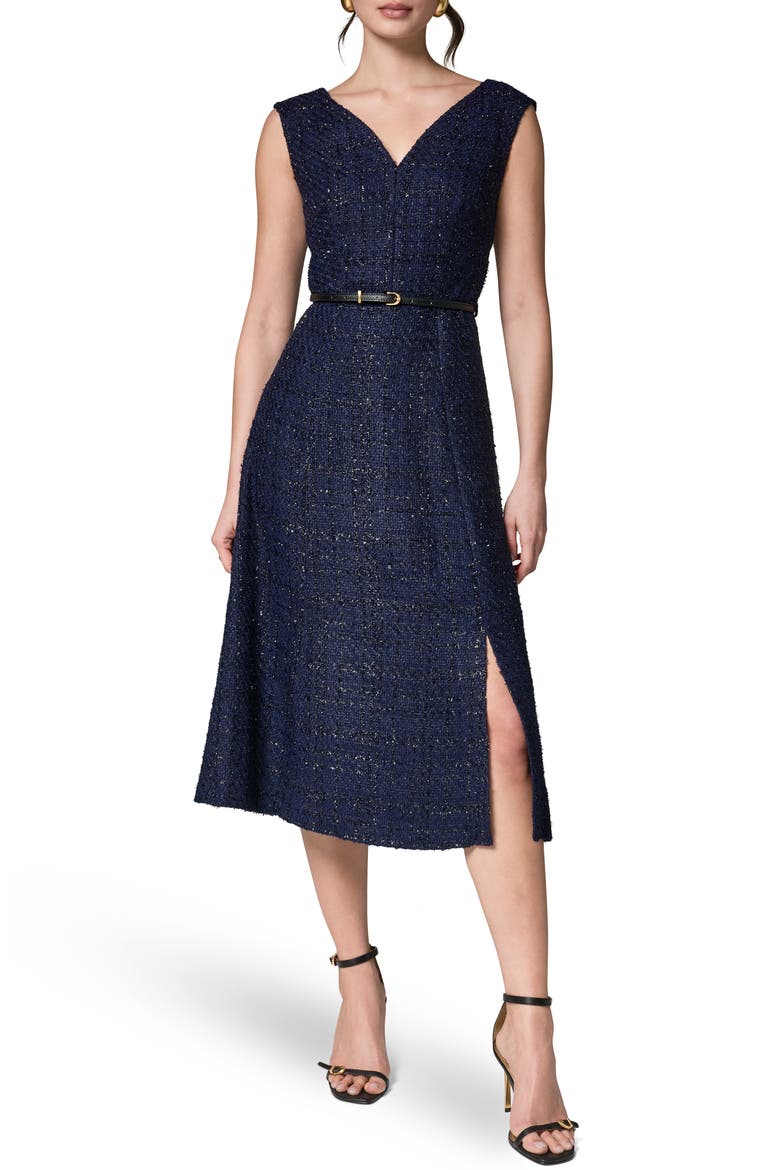 Belted Plaid Metallic Tweed Dress, Main, color, NIGHT SKY