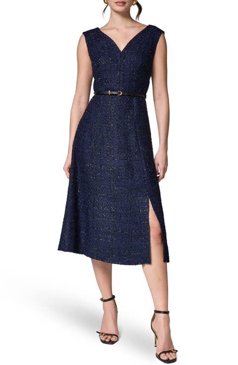 Belted Plaid Metallic Tweed Dress