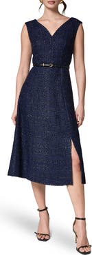 Donna Karan New York Belted Plaid Metallic Tweed Dress