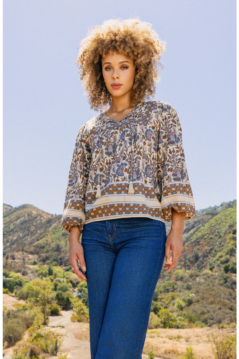Acacia Floral Cotton Split Neck Top, Alternate, color, STORM