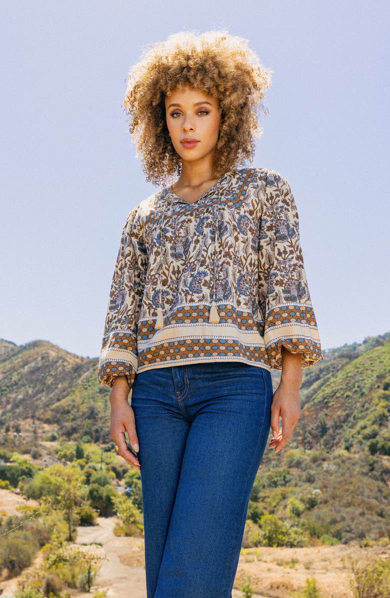 matty m. Acacia Floral Cotton Split Neck Top, Alternate, color, Storm