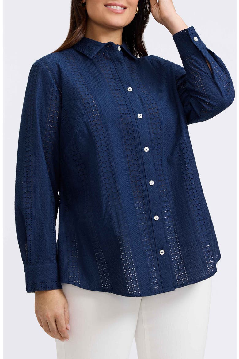 Zoey Mixed Stitch Cotton Button-Up Shirt, Main, color, NAVY