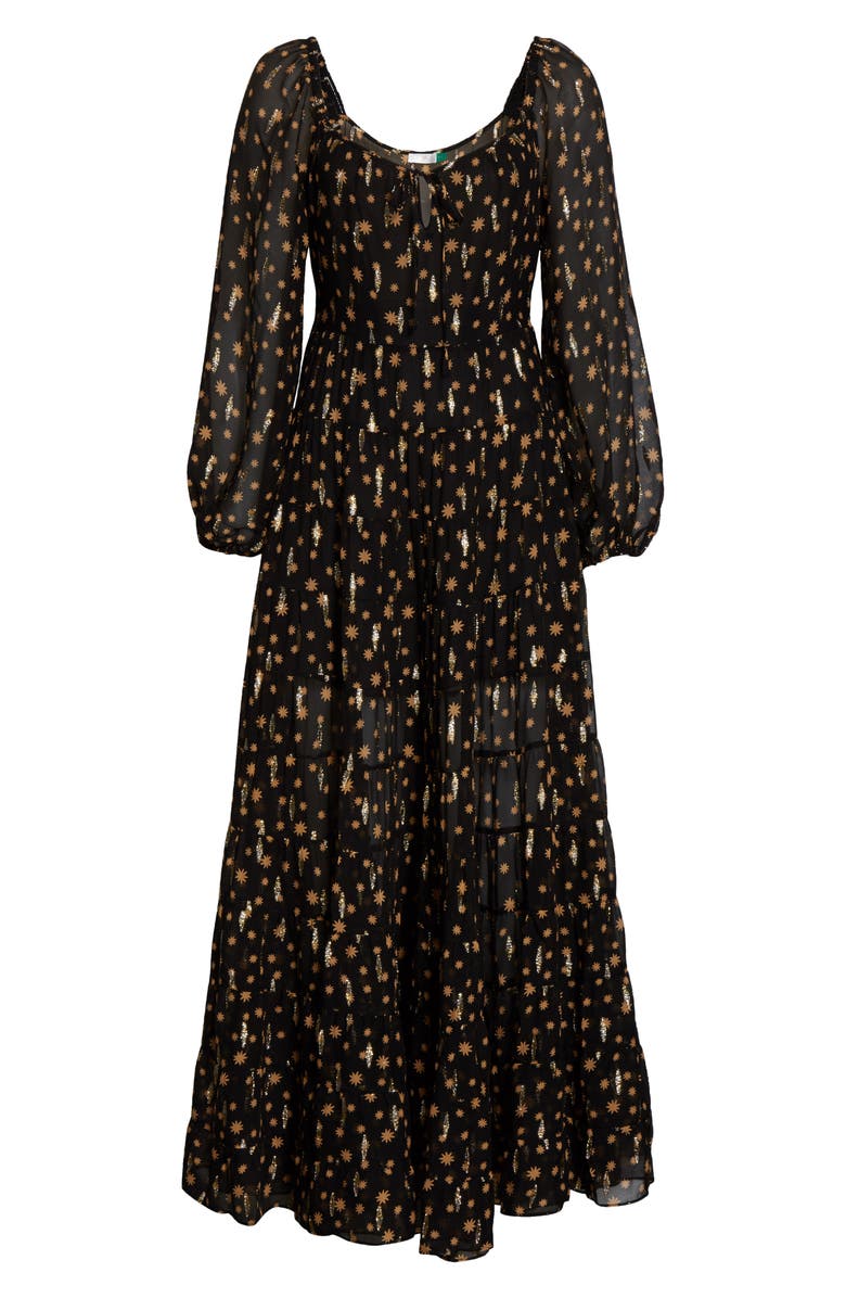 RIXO Cameron Star Print Long Sleeve Metallic Silk Maxi Dress, Alternate, color, 