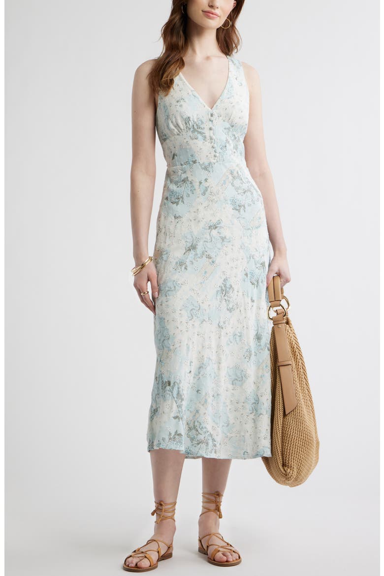 Embroidered Bias Cut Midi Dress, Alternate, color, BLUE WALLPAPER COLLAGE