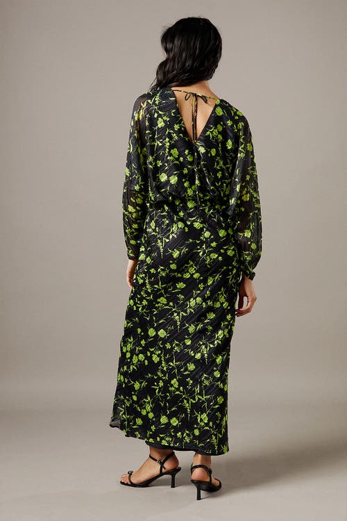 Warehouse Shadow Stripe Floral Batwing Midi Dress In Black