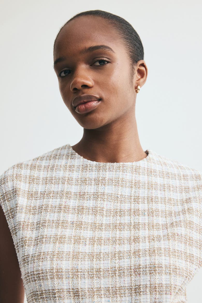 Belted Bouclé-knit Top, Alternate, color, Light dusty blue/plaid