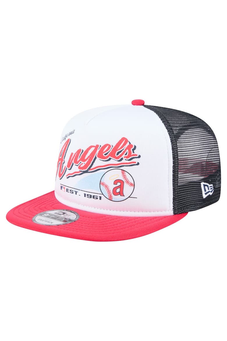 Men's New Era White/Red California Angels Retro Script Trucker 9FIFTY Snapback Hat, Main, color, White