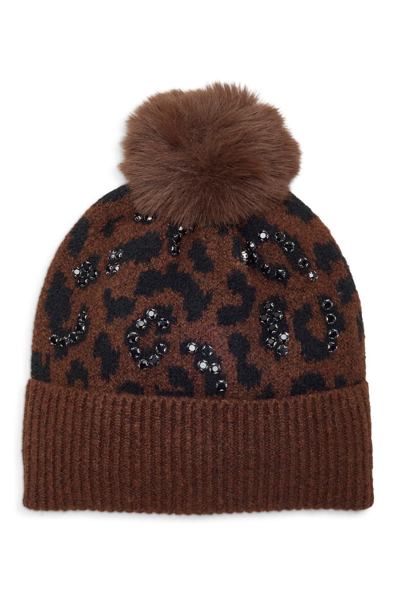 Faux Fur Pom Embellished Beanie, Main, color, BROWN