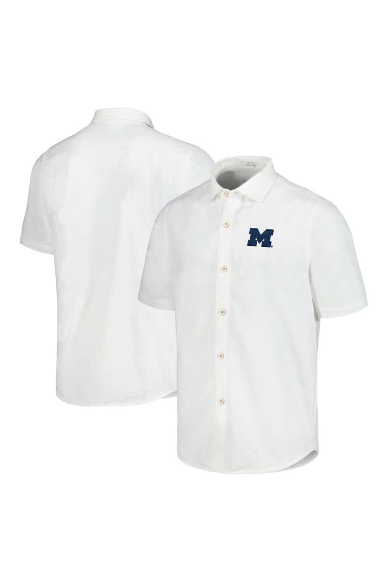 Men's Tommy Bahama White Michigan Wolverines Coconut Point Palm Vista IslandZone Camp Button-Up Shirt, Main, color, White