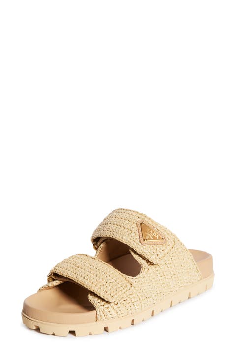 PRADA ラフィアスライド Prada Fussbett Raffia Dual Buckle Slide Sandals - Bergdorf