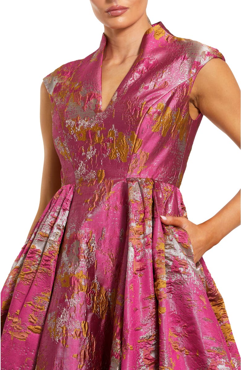 Mac Duggal Metallic Jacquard Ball Gown with Notched Collar and Cap Sleeves, Alternate, color, Raspberry Multi