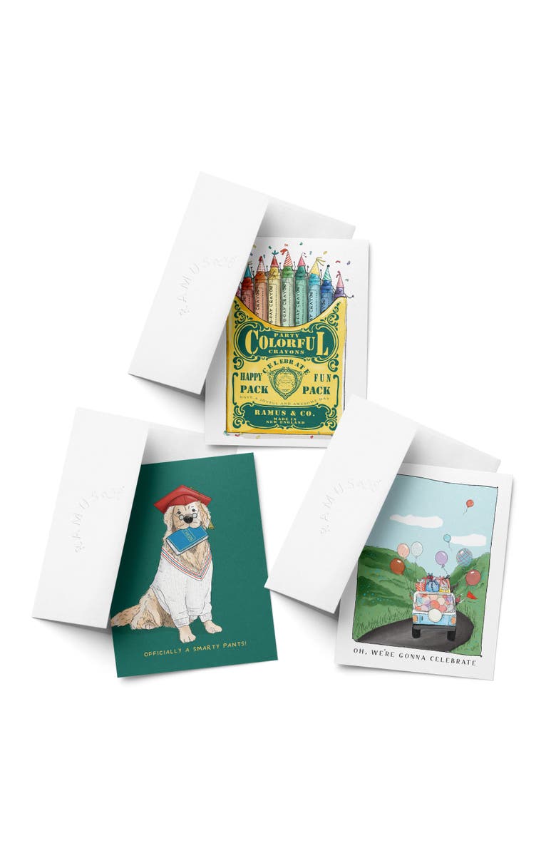 Ramus & Co Celebration/Graduation Greeting Card Pack Sets (3 ct, Assorted) Party Crayons, Smarty Pants Golden Grad, Oh, We're Gonna Celebrate, Main, color, Multi-Pack
