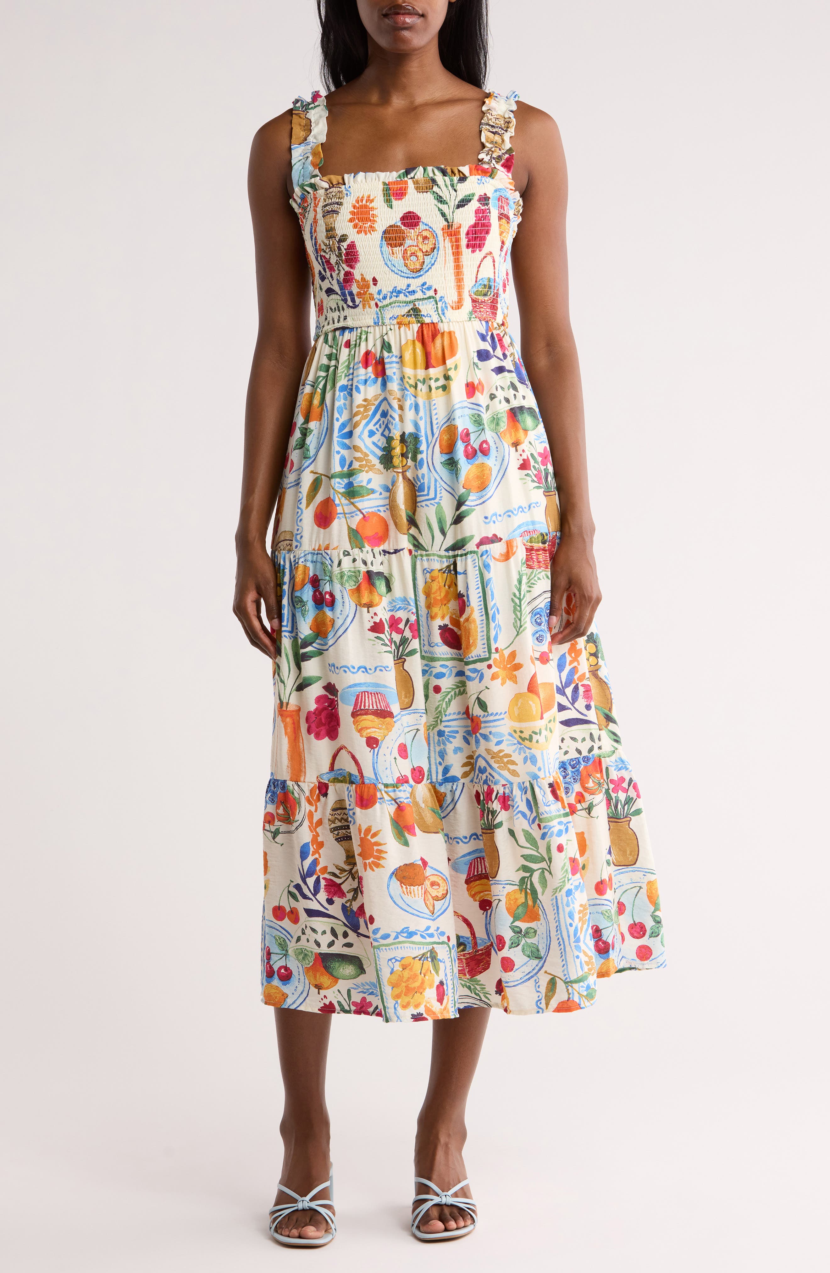 AUGUST SKY Mixed Print Smocked Tiered Midi Dress