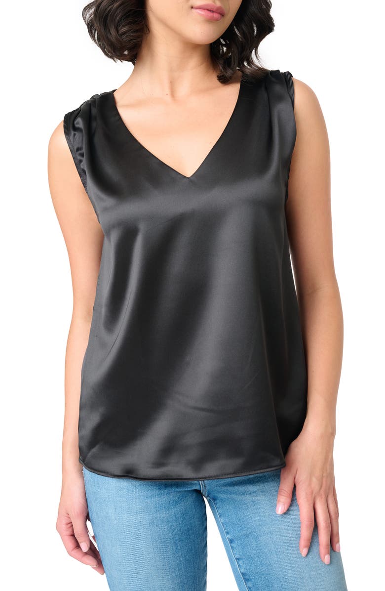GIBSONLOOK Reverly Cinch Shoulder Sleeveless Satin Top, Main, color, Black