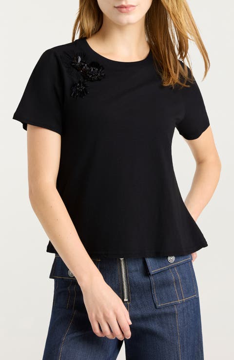 Crunchy Flower Appliqué Shrunken Cotton T-Shirt