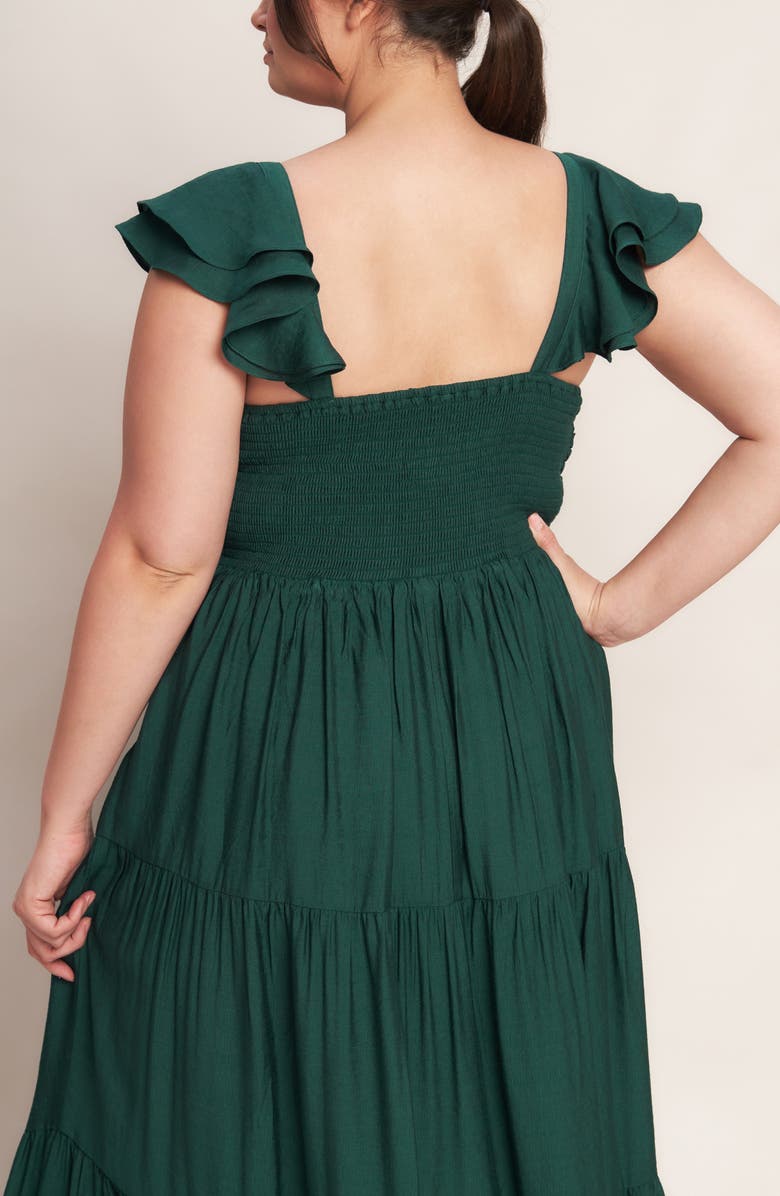 FLYING TOMATO Flutter Cap Sleeve Tiered Maxi Dress, Alternate, color, Forest Green