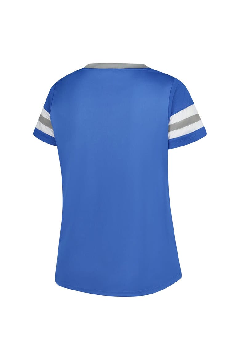 Women's Fanatics Blue Detroit Lions Plus Size Rhinestone Redzone Athena Lace-Up Notch Neck T-Shirt, Alternate, color, Blue