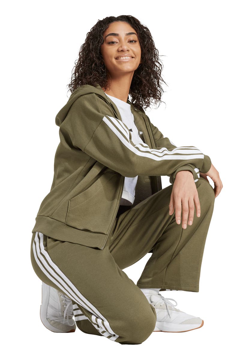 adidas Essentials 3-Stripes Open Hem Fleece Pants, Alternate, color, Olive Strata/ White