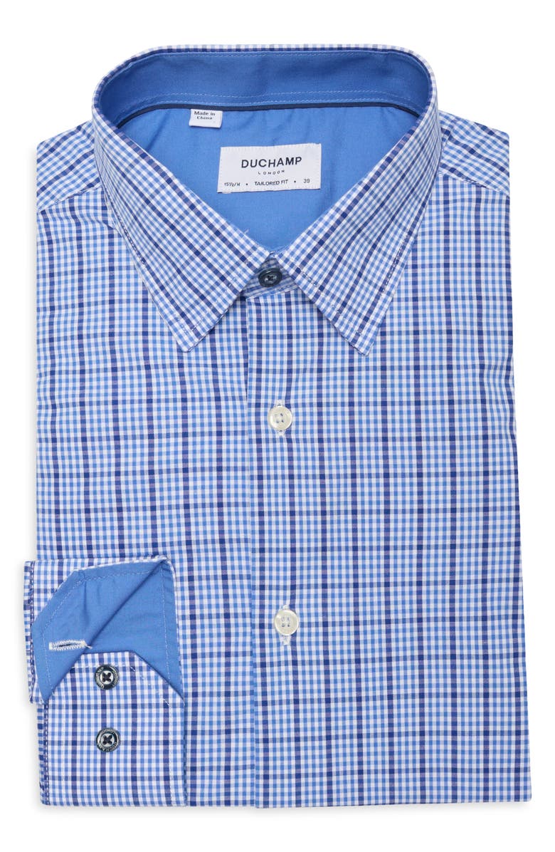 Duchamp Tailored Fit Check Print Dress Shirt, Alternate, color, Blue