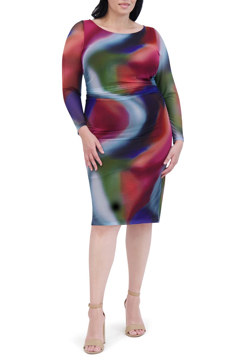 Vince Camuto Printed Mesh Long Sleeve Dress, Alternate, color, Burgundy Multi